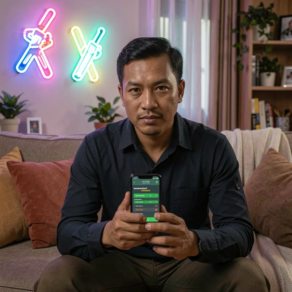 Focused Filipino sports betting fan using the BXB BIT app on his phone as dynamic neon cricket icons light up the cozy room