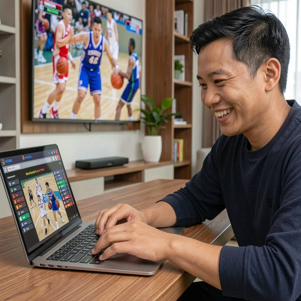 Focused Filipino bettor analyzing basketball odds on a laptop while watching a live game, using the BXB BIT betting platform at home