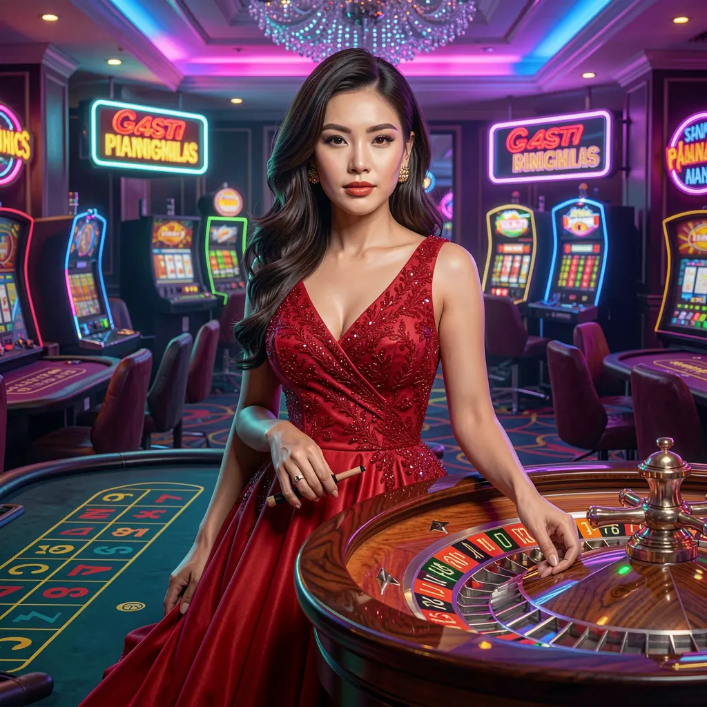 Elegant casino scene with a confident woman in a red dress beside a glowing roulette table showcasing the premium live casino experience at BXB BIT for players in the Philippines