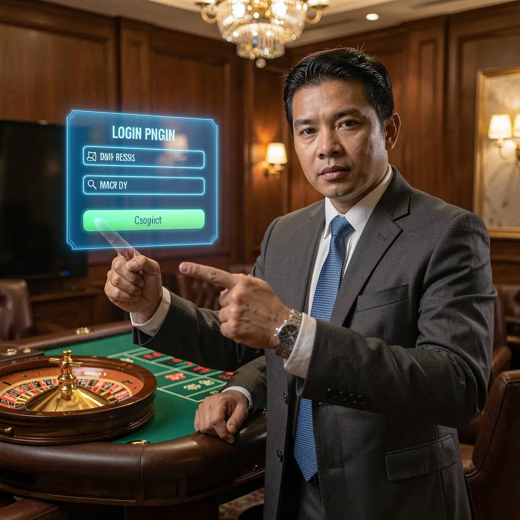 Stylish Filipino casino dealer pointing forward with confidence inside a futuristic roulette room symbolizing trusted BXB BIT login access in the Philippines