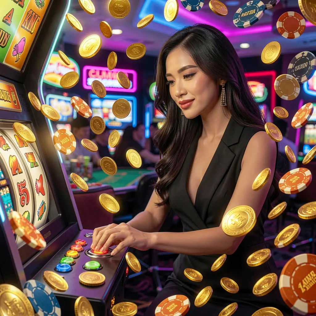 Elegant Filipino woman playing a modern slot machine surrounded by golden coins at BXB BIT Casino creating an immersive online gaming atmosphere
